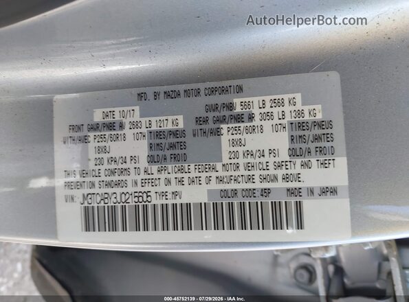 JM3TCABY3J0215605 2018 MAZDA CX-9 Silver Вид підкапотного простору