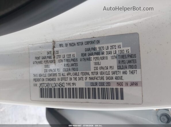 JM3TCABYXL0414640 2020 MAZDA CX-9 White ძრავის განყოფილების ხედი