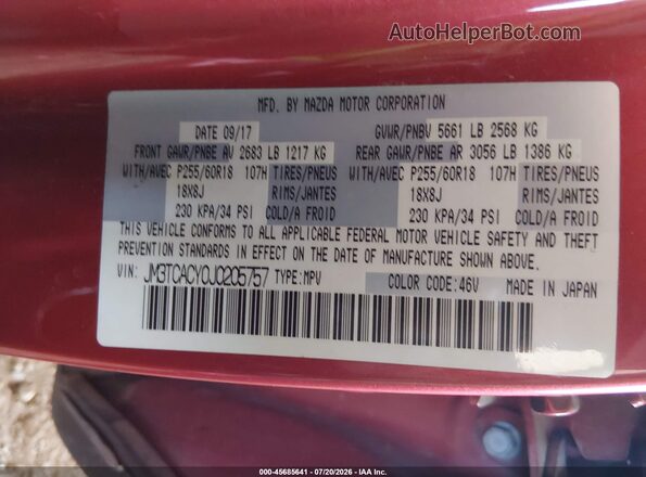 JM3TCACY0J0205757 2018 MAZDA CX-9 Red ძრავის განყოფილების ხედი