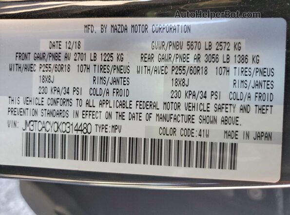 JM3TCACY0K0314480 2019 MAZDA CX-9 Black Widok naklejki z numerem VIN