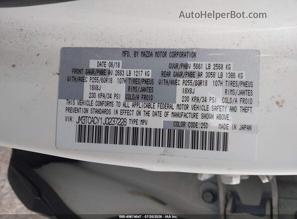 JM3TCACY1J0237228 2018 MAZDA CX-9 White Widok komory silnika