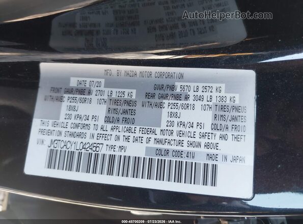 JM3TCACY1L0424567 2020 MAZDA CX-9 Black Vista del compartimento del motor