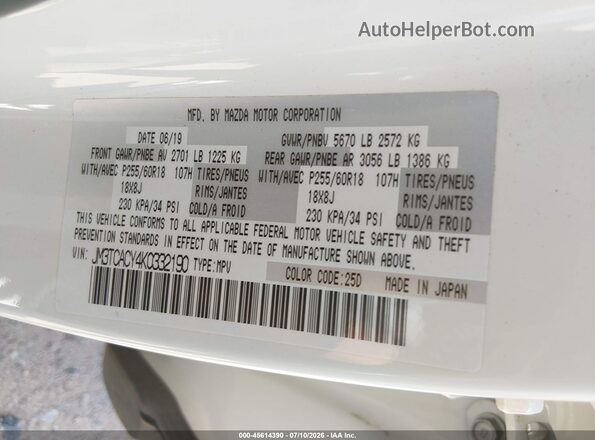 JM3TCACY4K0332190 2019 MAZDA CX-9 White Вид підкапотного простору