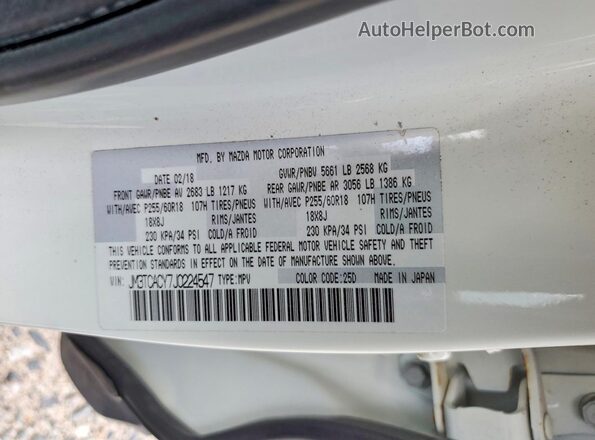 JM3TCACY7J0224547 2018 MAZDA CX-9 White VIN კოდის სტიკერის ხედი
