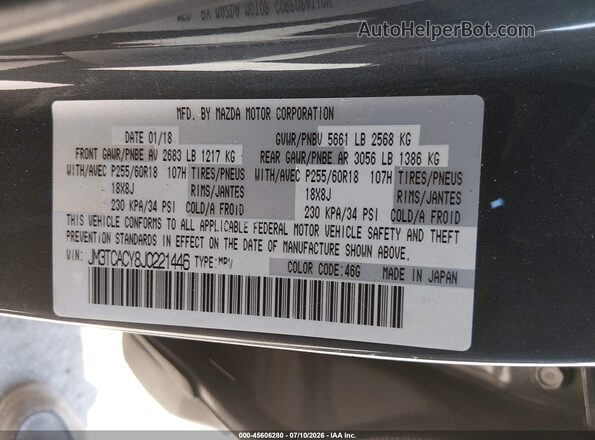 JM3TCACY8J0221446 2018 MAZDA CX-9 Серый Вид подкапотного пространства