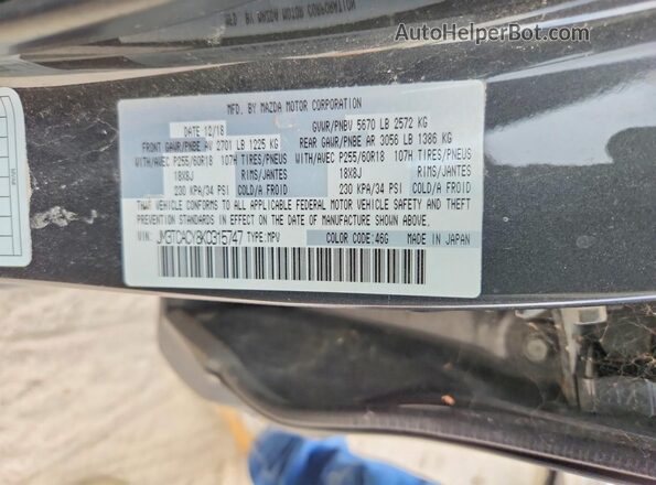 JM3TCACY8K0315747 2019 MAZDA CX-9 Gray VIN კოდის სტიკერის ხედი