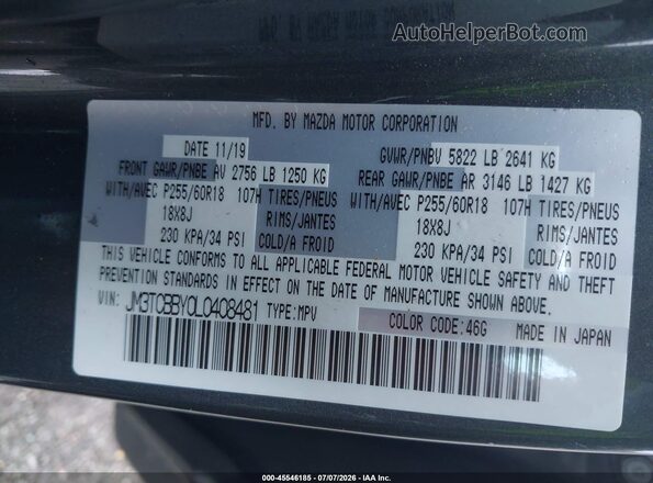 JM3TCBBY0L0408481 2020 MAZDA CX-9 Gray Widok komory silnika