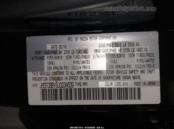 JM3TCBBY8J0234639 2018 MAZDA CX-9 Black Engine compartment view