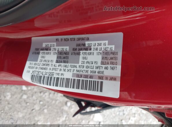 JM3TCBCY4L0419899 2020 MAZDA CX-9 Red Շարժիչի բաժամունքի տեսք