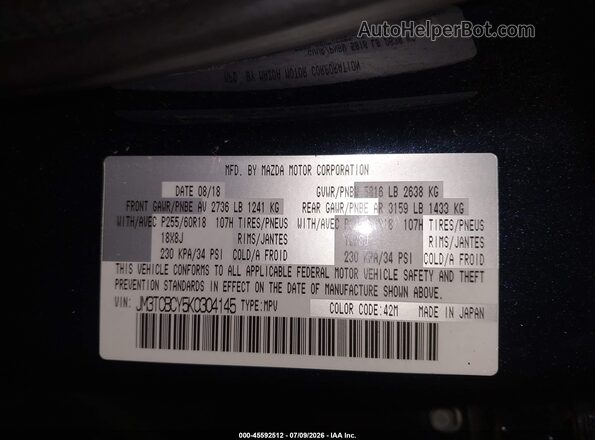 JM3TCBCY5K0304145 2019 MAZDA CX-9 Синий Вид подкапотного пространства