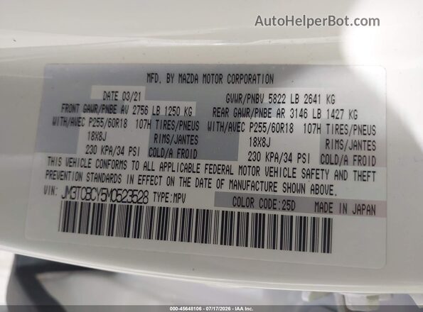 JM3TCBCY5M0523528 2021 MAZDA CX-9 White Вид підкапотного простору