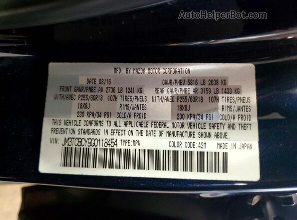 JM3TCBCY9G0118454 2016 MAZDA CX-9 Синий Вид наклейки с VIN-кодом