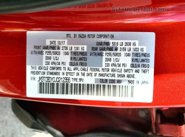 JM3TCBDY0J0212356 2018 MAZDA CX-9 Красный Вид наклейки с VIN-кодом