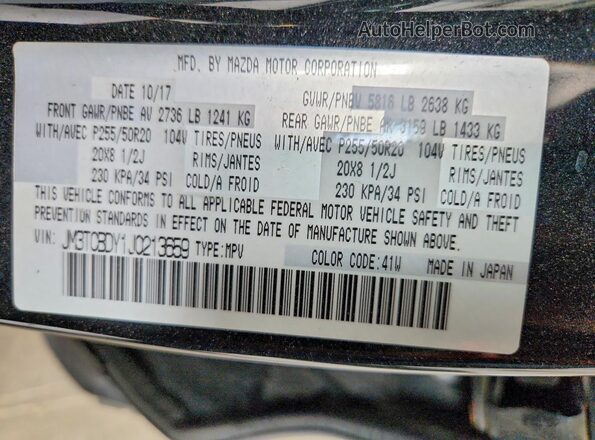 JM3TCBDY1J0213659 2018 MAZDA CX-9 Black ძრავის განყოფილების ხედი