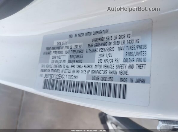 JM3TCBDY1K0334211 2019 MAZDA CX-9 White Widok komory silnika
