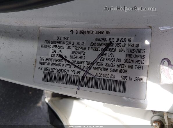 JM3TCBDY2H0130221 2017 MAZDA CX-9 Белый Вид подкапотного пространства