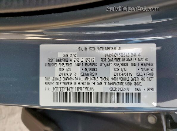 JM3TCBDY3N0611168 2022 MAZDA CX-9 Gray Widok wnętrza 360 stopni