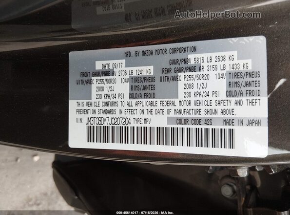 JM3TCBDY7J0207204 2018 MAZDA CX-9 Brown Vista del compartimento del motor