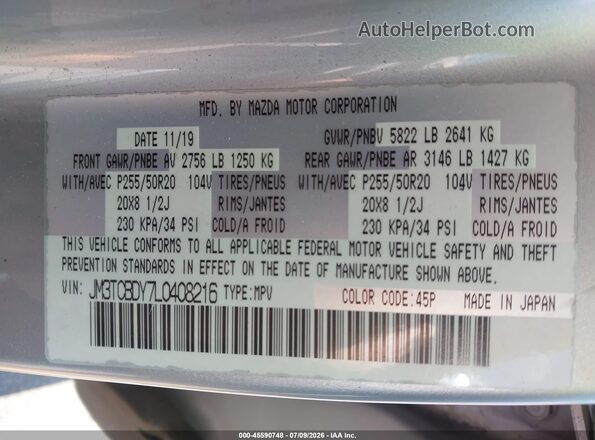 JM3TCBDY7L0408216 2020 MAZDA CX-9 Silver Շարժիչի բաժամունքի տեսք