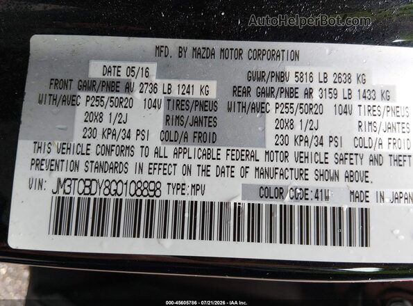 JM3TCBDY8G0108898 2016 MAZDA CX-9 Black Շարժիչի բաժամունքի տեսք