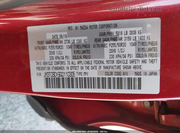 JM3TCBDY9G0110305 2016 MAZDA CX-9 Red Engine compartment view