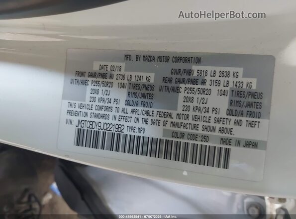 JM3TCBDY9J0221962 2018 MAZDA CX-9 White Շարժիչի բաժամունքի տեսք