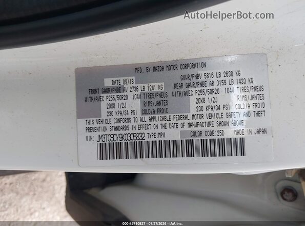 JM3TCBDY9K0305832 2019 MAZDA CX-9 White Widok komory silnika