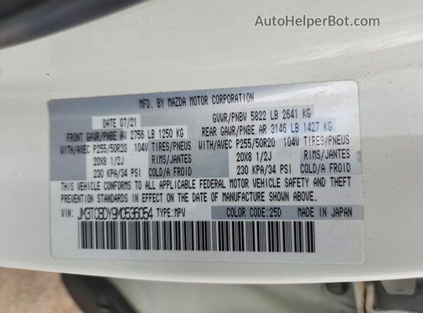 JM3TCBDY9M0536054 2021 MAZDA CX-9 White Панорамний вид салону 360°