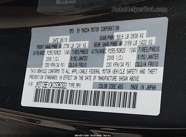 JM3TCBEY0K0336322 2019 MAZDA CX-9 Gray Engine compartment view