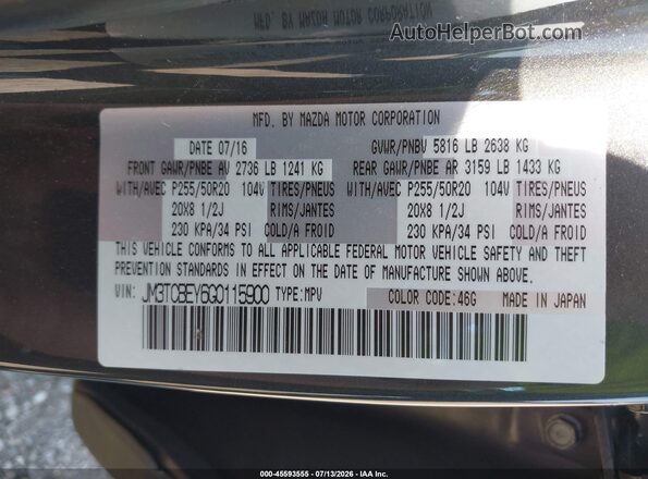 JM3TCBEY6G0115900 2016 MAZDA CX-9 Gray ძრავის განყოფილების ხედი