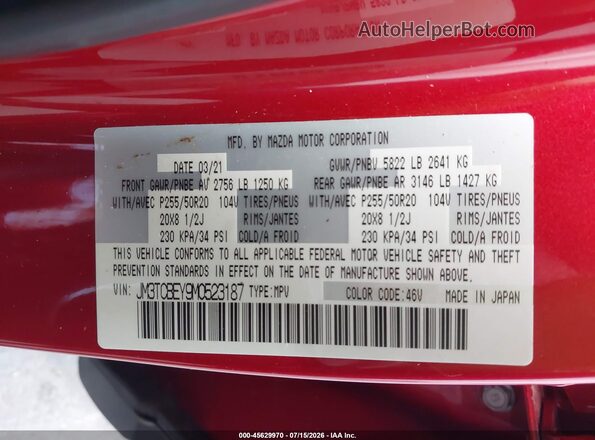 JM3TCBEY9M0523187 2021 MAZDA CX-9 Maroon Vista del compartimento del motor