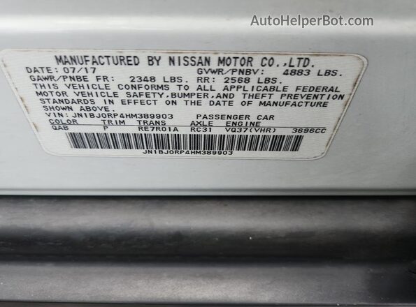 JN1BJ0RP4HM389903 2017 INFINITI QX50 White VIN sticker view