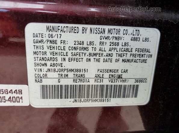 JN1BJ0RP5HM389151 2017 INFINITI QX50 Maroon VIN sticker view