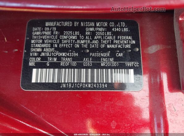 JN1BJ1CP0KW243394 2019 NISSAN ROGUE Burgundy Vista del compartimento del motor