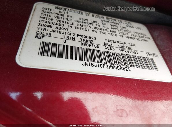 JN1BJ1CP2HW008925 2017 NISSAN ROGUE Burgundy Widok komory silnika