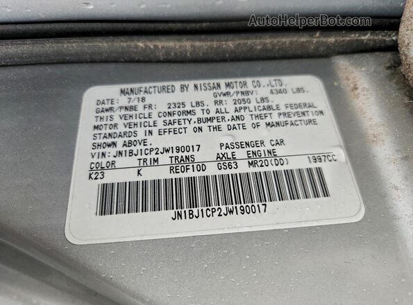 JN1BJ1CP2JW190017 2018 NISSAN ROGUE Silver Vista de la etiqueta del VIN