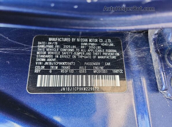 JN1BJ1CP9KW229672 2019 NISSAN ROGUE Blue Вид наклейки з VIN-кодом