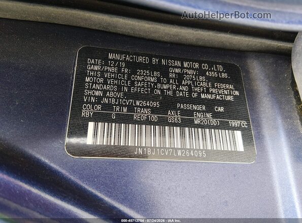 JN1BJ1CV7LW264095 2020 NISSAN ROGUE Blue Widok komory silnika