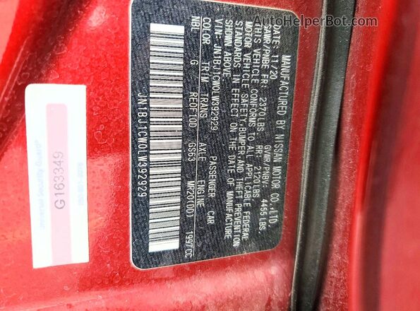 JN1BJ1CW0LW392929 2020 NISSAN ROGUE Red VIN կոդի պիտակի տեսք