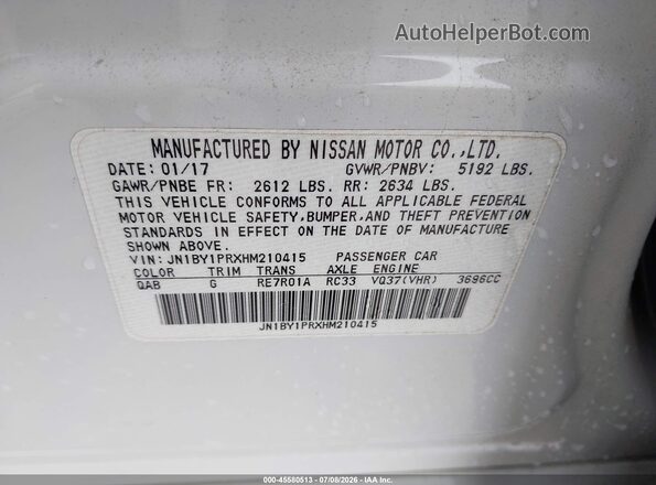 JN1BY1PRXHM210415 2017 INFINITI Q70L White Շարժիչի բաժամունքի տեսք