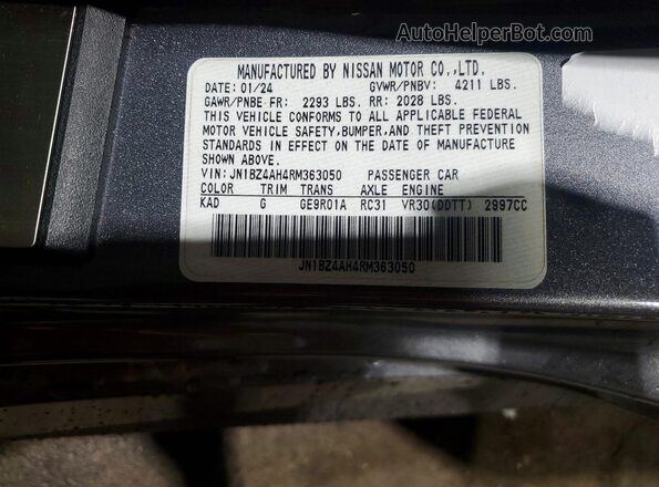 JN1BZ4AH4RM363050 2024 NISSAN Z Серый Вид наклейки с VIN-кодом