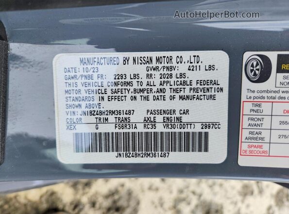 JN1BZ4BH2RM361487 2024 NISSAN Z Gray VIN კოდის სტიკერის ხედი