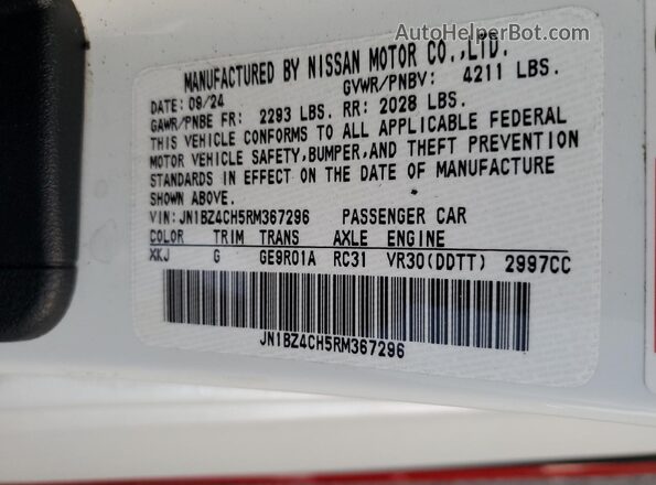 JN1BZ4CH5RM367296 2024 NISSAN Z White Vista de la etiqueta del VIN