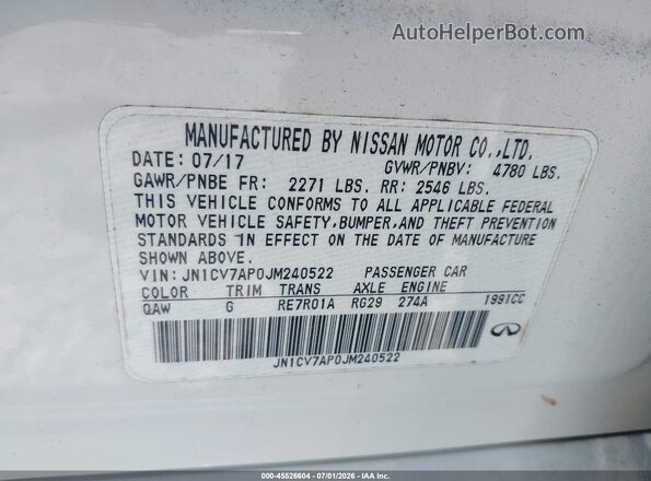 JN1CV7AP0JM240522 2018 INFINITI Q50 White Вид підкапотного простору