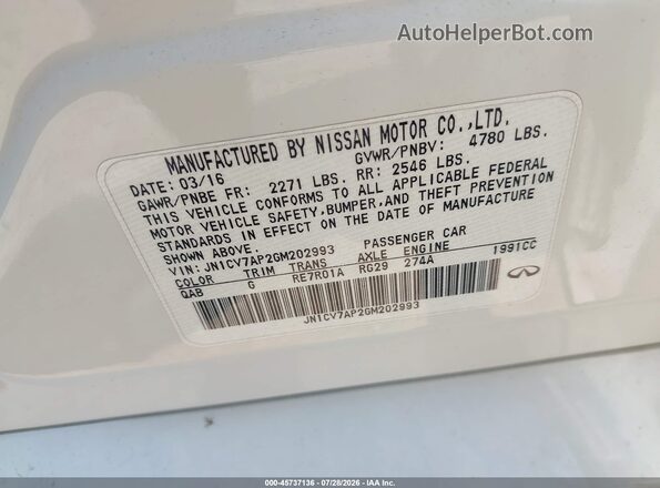 JN1CV7AP2GM202993 2016 INFINITI Q50 White Вид підкапотного простору
