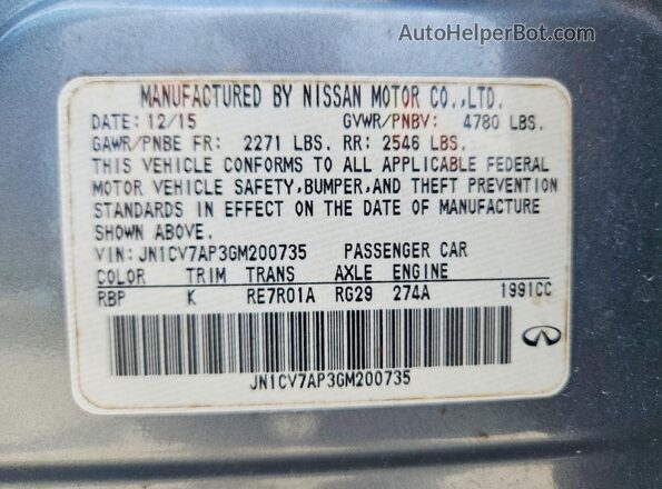 JN1CV7AP3GM200735 2016 INFINITI Q50 Teal Widok naklejki z numerem VIN