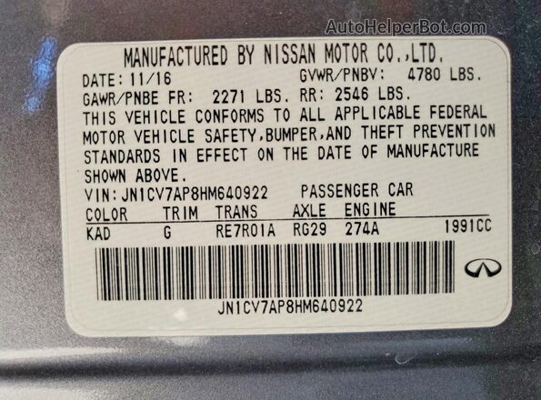 JN1CV7AP8HM640922 2017 INFINITI Q50 Gray Vista de la etiqueta del VIN
