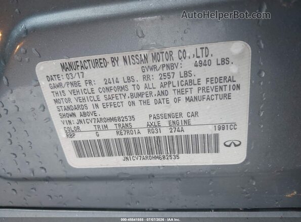 JN1CV7AR0HM682535 2017 INFINITI Q50 Blue VIN կոդի պիտակի տեսք