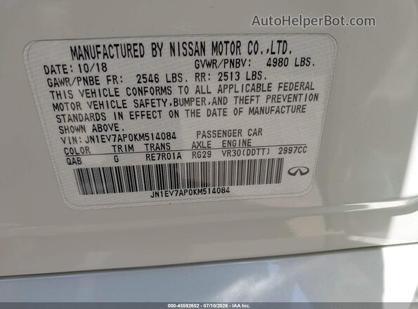 JN1EV7AP0KM514084 2019 INFINITI Q50 White Շարժիչի բաժամունքի տեսք