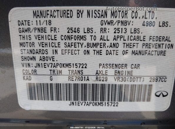 JN1EV7AP0KM515722 2019 INFINITI Q50 Gray Engine compartment view